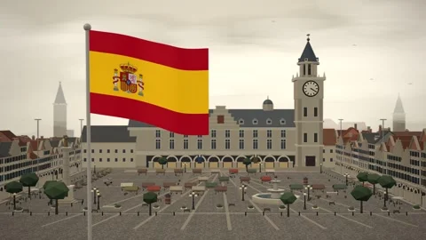 Spain Flag Flying Over Historic Old Town Square seamless loop Stock Footage 345311660