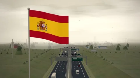 Spain Flag Flying Over Interstate Highway Rural Traffic seamless loop Stock Footage 344965892