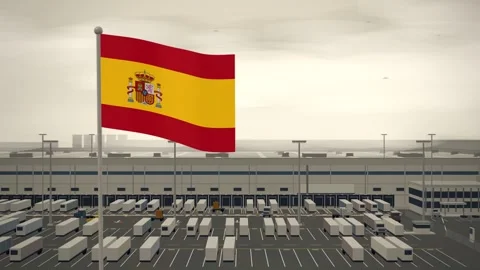 Spain Flag Flying Over Logistics Warehouse Distribution Centre seamless loop Stock Footage 344965848