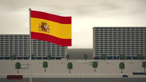 Spain Flag Flying Over Metro Station Entrance Square seamless loop Stock Footage 345381009