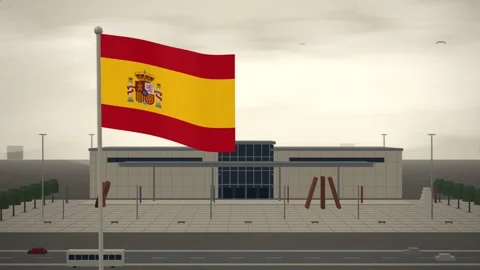 Spain Flag Flying Over Modern Museum Sculpture Court seamless loop Stock Footage 344952300