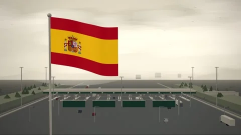 Spain Flag Flying Over Motorway Toll Plaza Traffic seamless loop Stock Footage 345130023