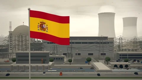 Spain Flag Flying Over Nuclear Power Station Domes seamless loop Stock Footage 344965745