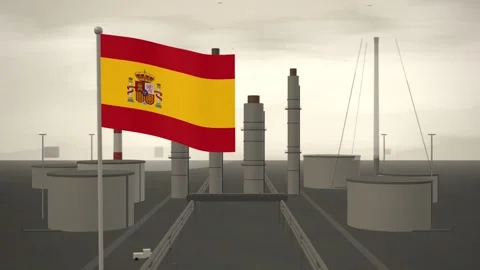 Spain Flag Flying Over Oil Refinery Processing Plant seamless loop Stock Footage 344965895