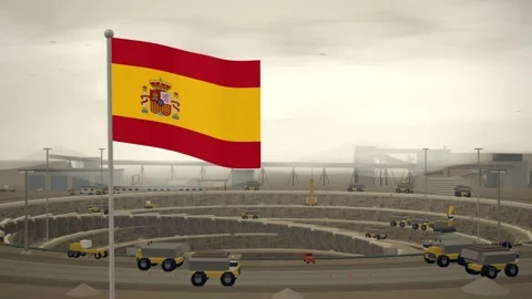 Spain Flag Flying Over Open Pit Mine Terraces seamless loop Stock Footage 345343945