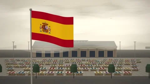 Spain Flag Flying Over Open Air Market Stalls seamless loop Stock Footage 345876228