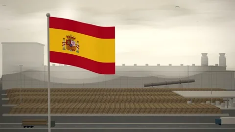 Spain Flag Flying Over Paper Mill Log Yard seamless loop Stock Footage 345379414