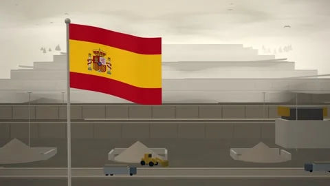 Spain Flag Flying Over Quarry Benches And Crusher seamless loop Vídeo Stock 345856432