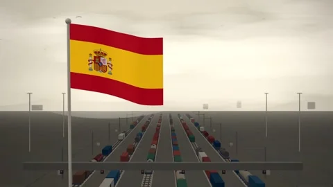 Spain Flag Flying Over Railroad Freight Rail Yard seamless loop Stock Footage 344965776