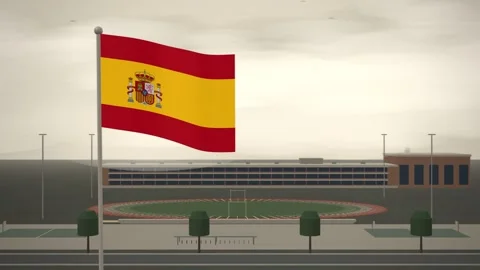 Spain Flag Flying Over School Campus Running Track seamless loop Stock Footage 345381691