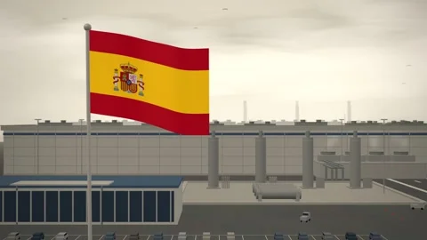 Spain Flag Flying Over Semiconductor Fabrication Plant Cleanroom seamless loop Stock Footage 344782781