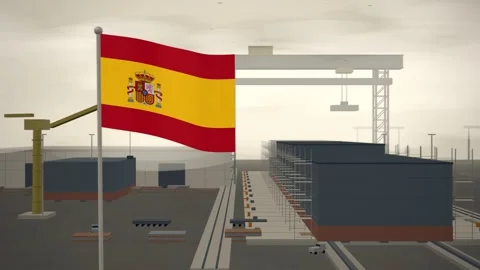Spain Flag Flying Over Shipyard Building Berth Gantry seamless loop Stock Footage 344846851