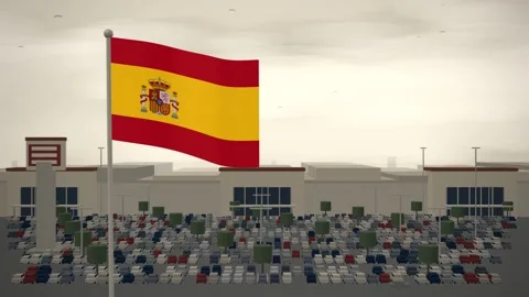 Spain Flag Flying Over Shopping Mall And Car Park seamless loop Stock Footage 345347704