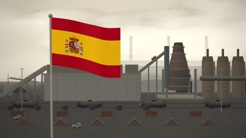 Spain Flag Flying Over Steel Mill Blast Furnace seamless loop Stock Footage 344965769