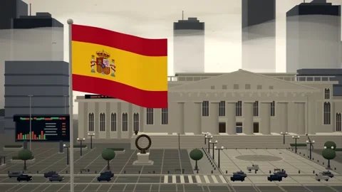Spain Flag Flying Over Stock Exchange Financial District seamless loop Stock Footage 344965964