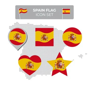Spain flag icons set in the shape of square, heart, circle, stars, map marker Stock Illustration