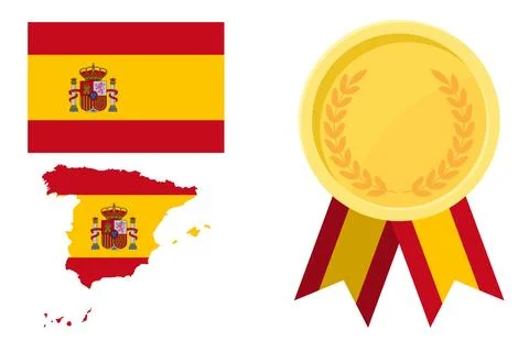 Spain flag with map and gold medal in set for web and banners or app and game Stock Illustration