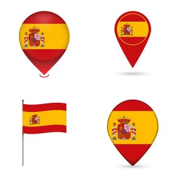 Spain Flag Map Pin Icons Set Collection. Stock Illustration