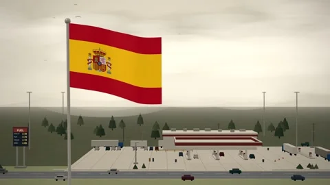 Spain Flag Over Highway Gas Station Fuel Prices seamless loop Video stock 344779513