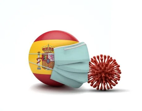Spain flag with protective face mask. Novel coronavirus concept. 3D Render Stock Illustration