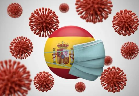 Spain flag with protective face mask. Coronavirus concept. 3D Render Stock Illustration