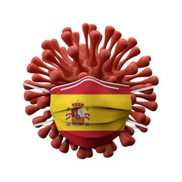 Spain flag protective mask on a virus bacteria. 3D Render Stock Illustration
