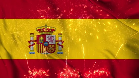 Spain flag seamless animation with fireworks Stock Footage 218252532