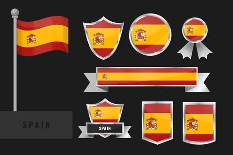 Spain flag set. Collection of Spain national emblems. Flat design of flags .. Stock Illustration
