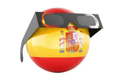 Spain flag sphere with eclipse glasses, solar eclipse safety concept. 3D re.. Stock Illustration