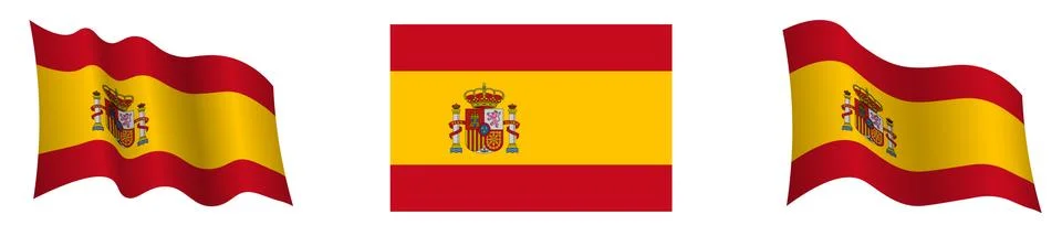 Spain flag in static position and in motion, developing in wind in exact colors Stock Illustration