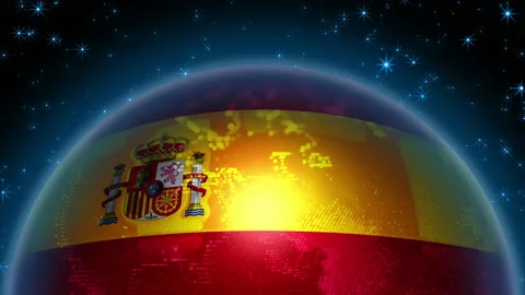 Spain flag strung on planet Earth. Abstraction of a globe with the contours of Stock Footage 141290791