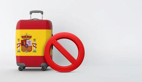 Spain flag suitcase with no entry sign. Travel ban concept. 3D Render Stock Illustration