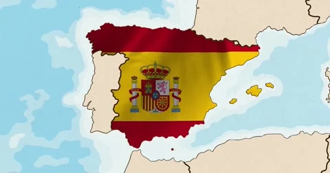 The spain flag waving inside the country on a world map Stock Footage 339033400