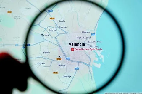 Spain flooding. Central Eastern Spain floods in Valencia displayed on google Stock Photos