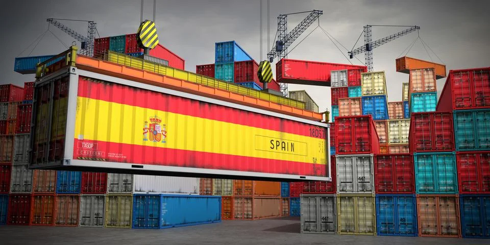 Spain - freight container in cargo terminal - 3D illustration Stock Illustration