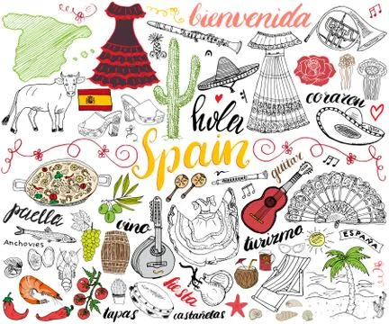 Spain hand drawn sketch set vector illustration Stock Illustration