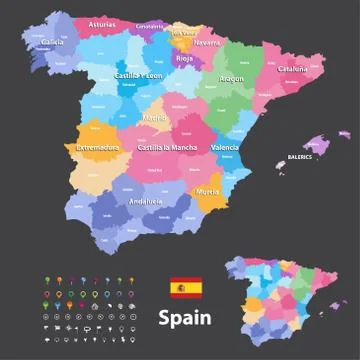 Spain high detailed vector map (colored by autonomous communities) Stock Illustration