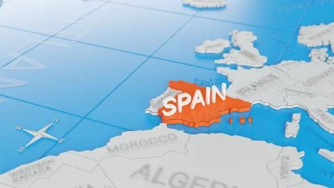 Spain highlighted on a white simplified 3D world map. Digital 3D render. Stock Illustration