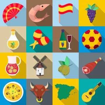 Spain icons set, flat style Stock Illustration