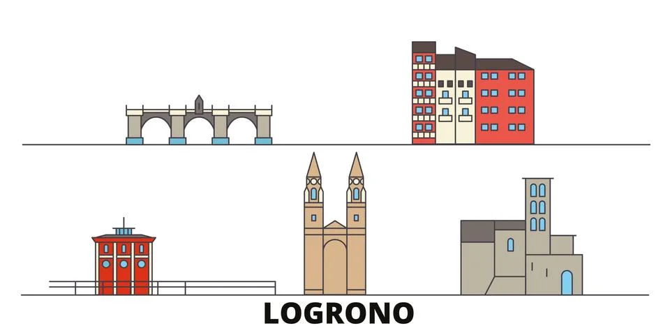 Spain, Logrono flat landmarks vector illustration. Spain, Logrono line city with Stock Illustration