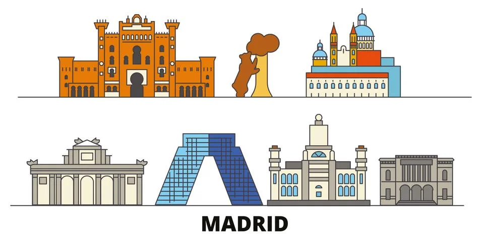 Spain, Madrid flat landmarks vector illustration. Spain, Madrid line city with Ilustración de archivo