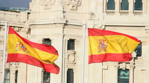 Spain - Madrid, Palacio de Comunicaciones, Plaza de Cibeles, Flag 1 Stock Footage 24791060