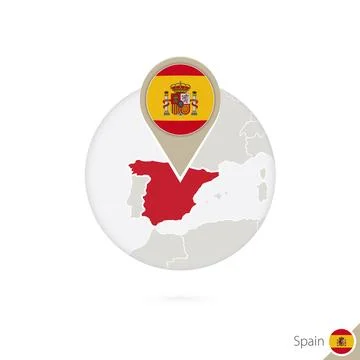 Spain map and flag in circle. Map of Spain, Spain flag pin. Map of Spain in.. Stock Illustration