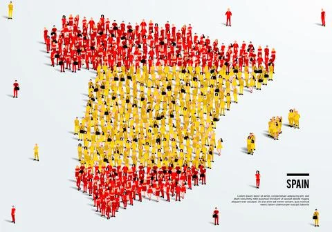 Spain Map and Flag. A large group of people in Spanish flag color. Stock Illustration