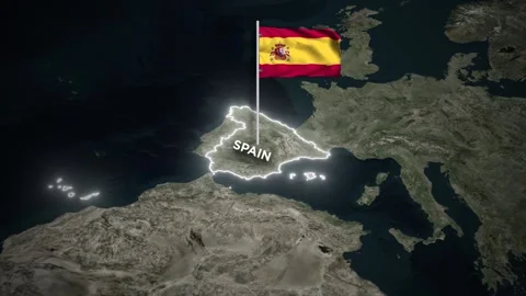 Spain Map Animation with Waving Spain National Flag, Glowing Border on World Map Видео 331375515