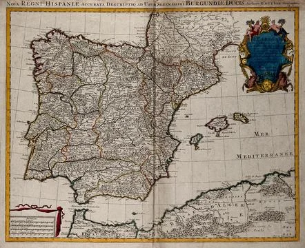 Spain: map. Coloured engraving J. van Lugtenburg, ca. 1720, after G. de L'Isl Illustrazione stock