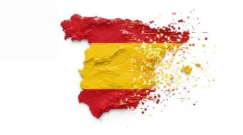 Spain map dissolving into digital pixels abstract concept illustration on w.. Stock Illustration