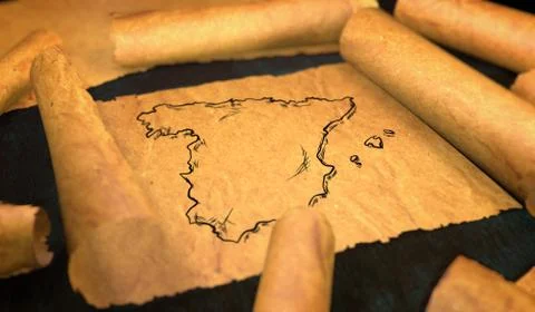 Spain Map Drawing Unfolding Old Paper Scroll 3D Illustrazione stock