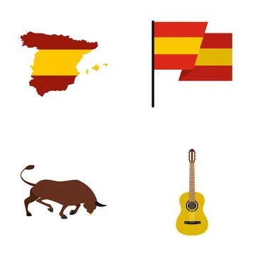 Spain map flag bull guitar national symbols collection 스톡 일러스트