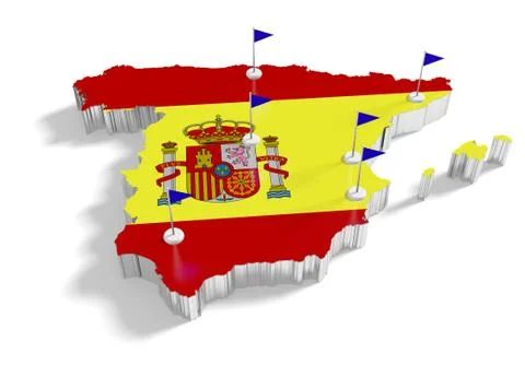 Spain map with flags on the flagpoles showing the major cities. Stock Illustration